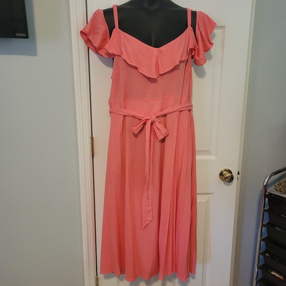 Coral linen cold shoulder dress
